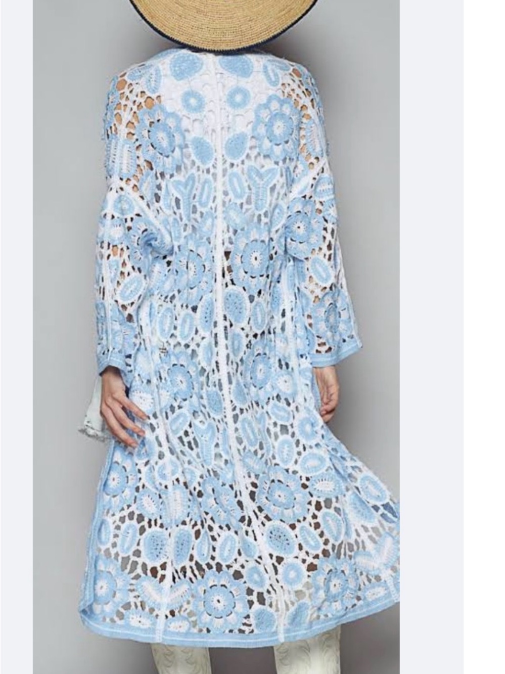 POL NEW Light Blue and White Crochet Open-Front Long Cardigan